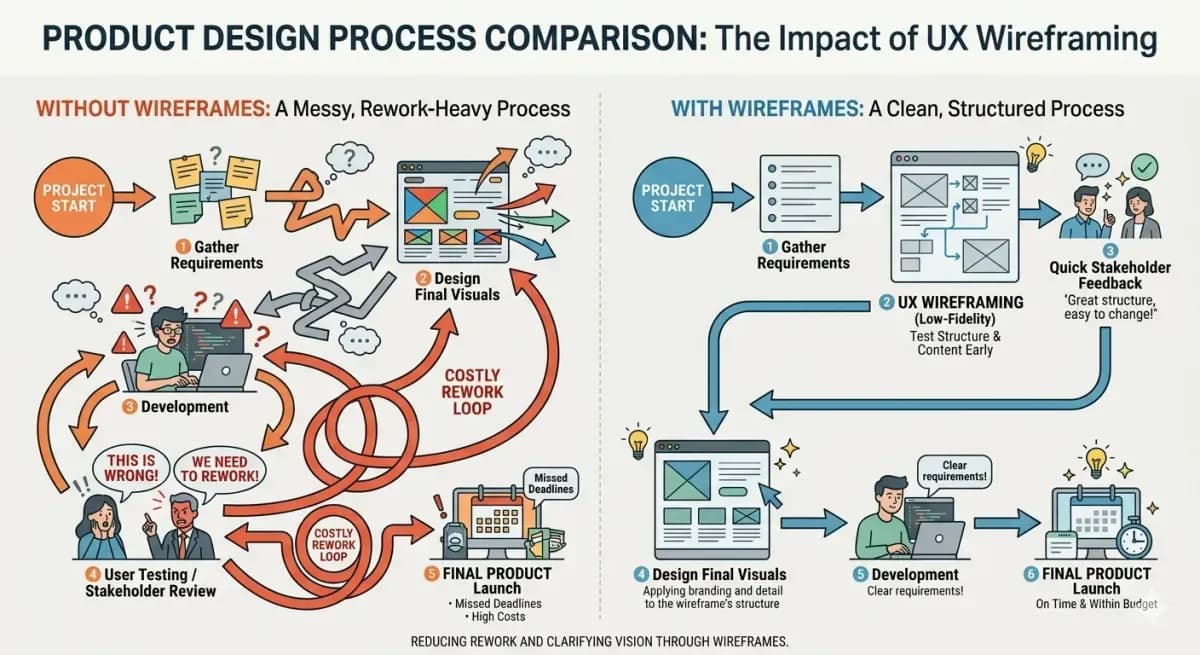 Example of a UX wireframe showing a dashboard layout with navigation and content areas