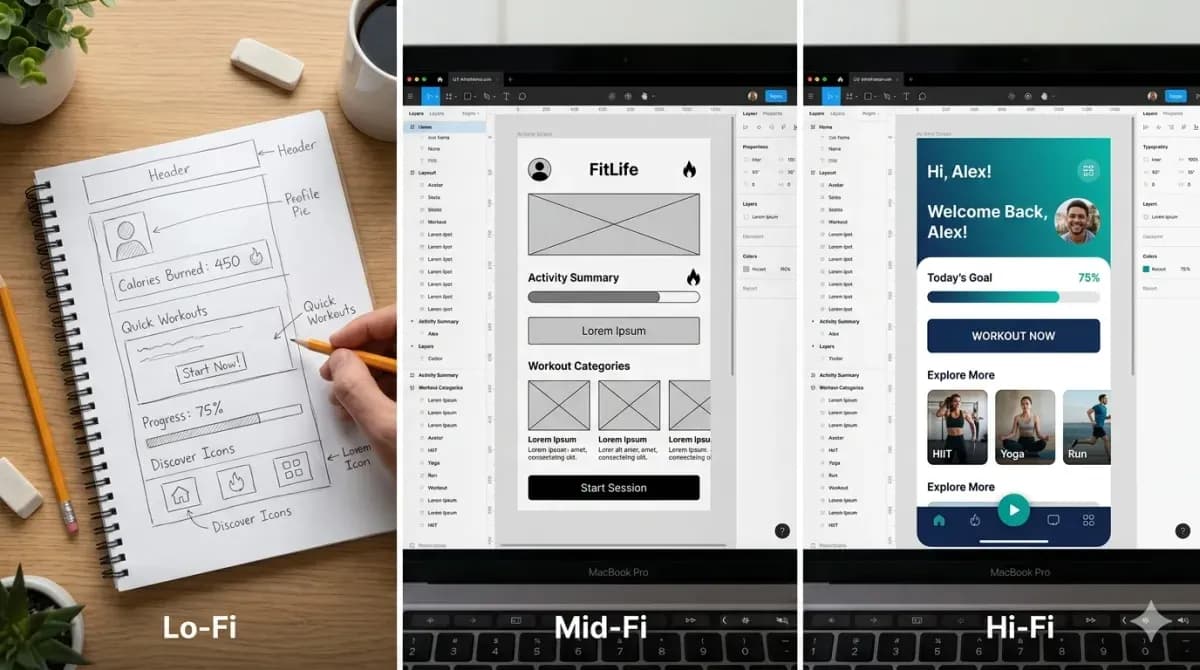 Example of a UX wireframe showing a dashboard layout with navigation and content areas